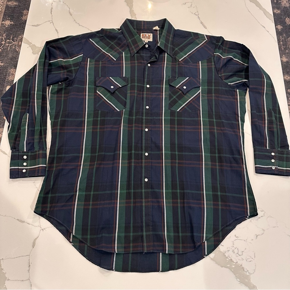 Vintage Ely Cattleman Mens Plaid Pearl Snap Western Shirt Size XXL Blue Green